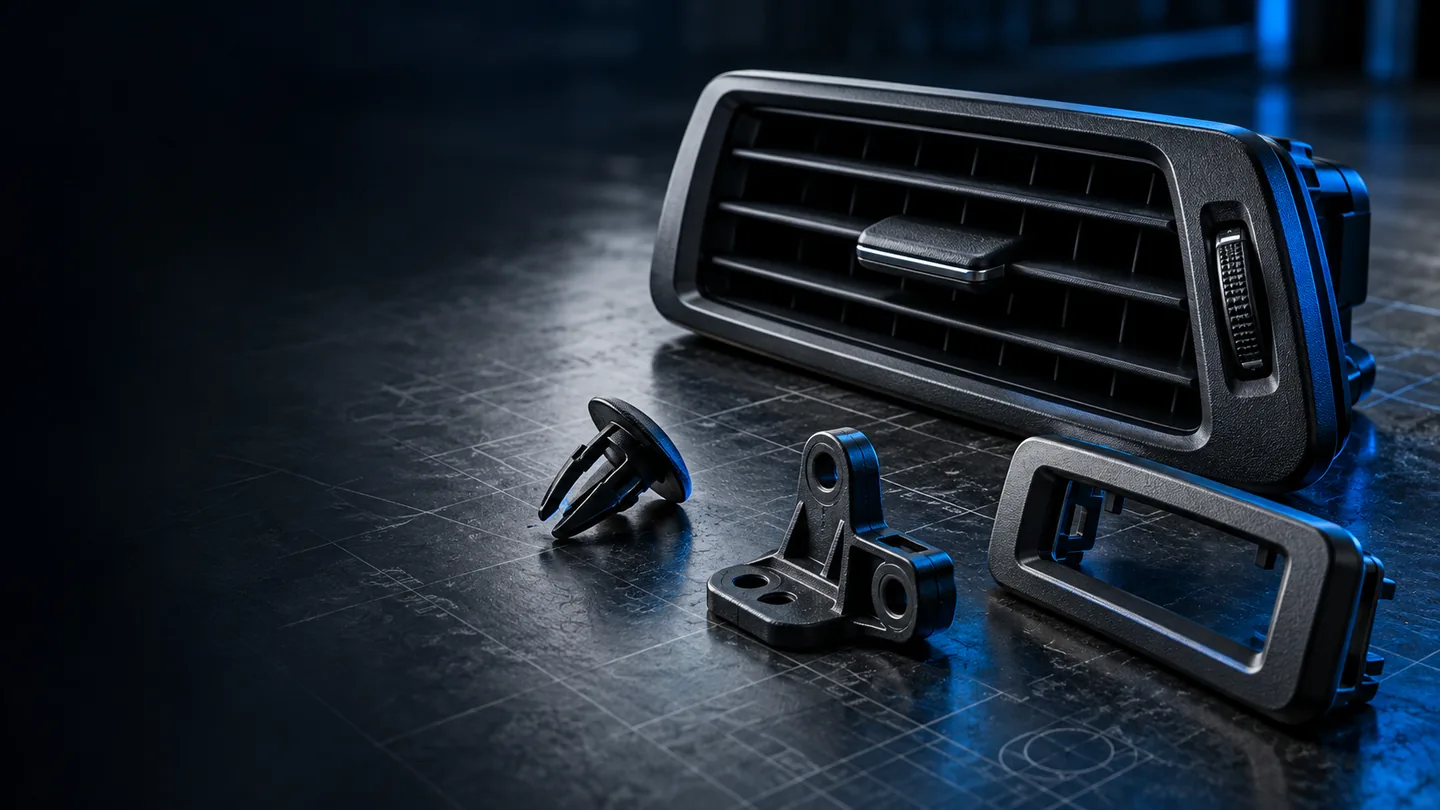 Illustrative arrangement of black automotive replacement-part concepts on a technical workbench