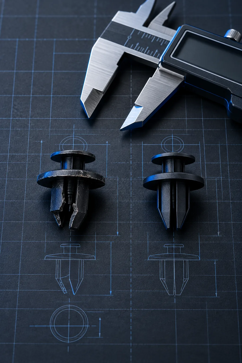 Illustrative comparison of a damaged automotive trim clip, replacement concept and measurement tool